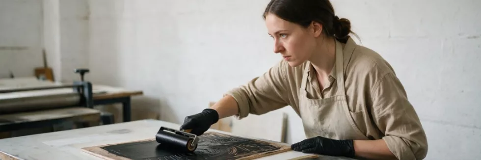 printmaking-student-inking-a-linocut-block-with-a-roller