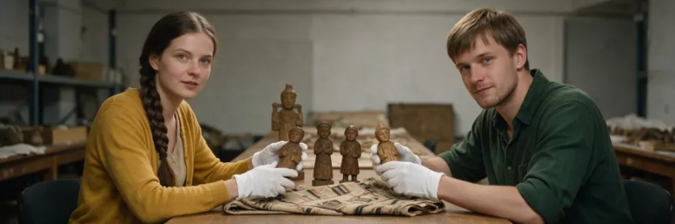 researchers-examining-carved-figures-in-a-museum-storeroom