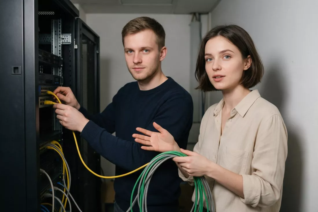 studenci-podlaczaja-kable-w-szafie-serwerowej