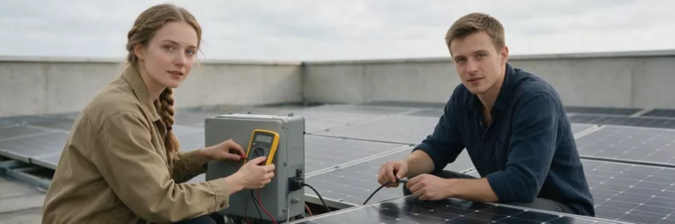 engineers-checking-an-inverter-next-to-matte-solar-panels