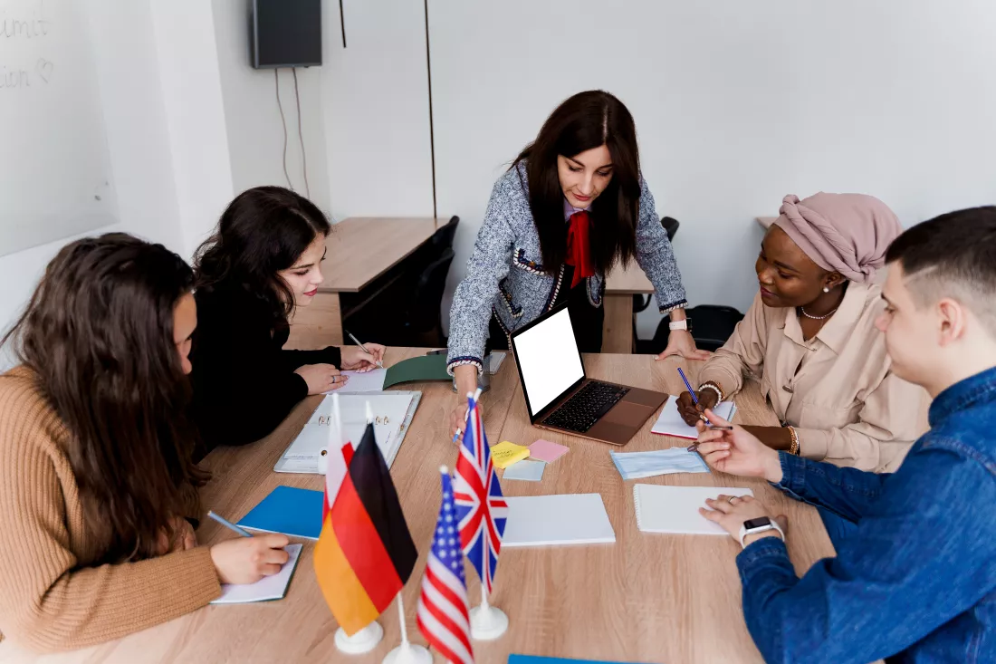 teamwork-working-multiethnic-group-students-teacher-study-foreign-languages-together-class
