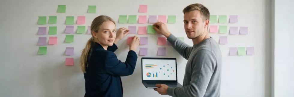 strategy-team-grouping-blank-sticky-notes-with-a-laptop